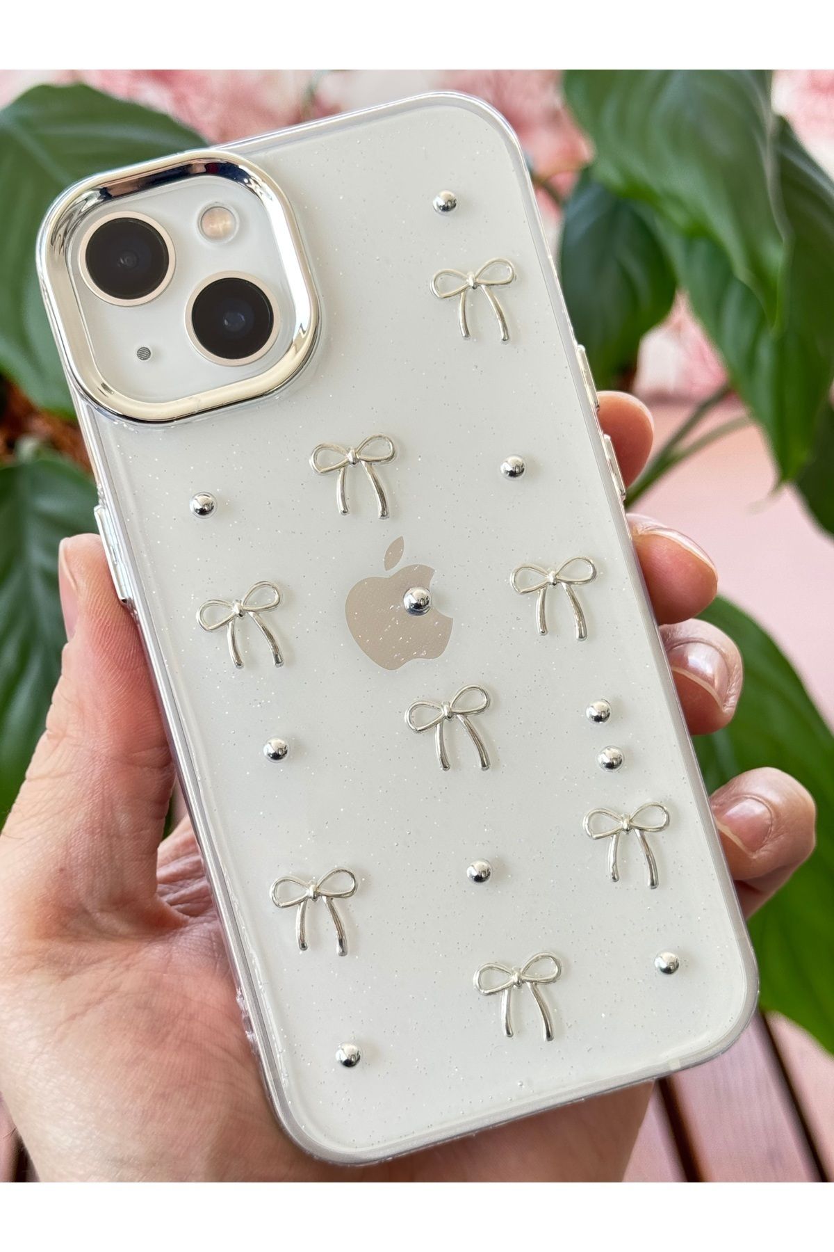 Fibaks Apple Iphone 13 - 14 - 15 Kılıf Fiyonk Desenli Şeffaf Simli Gümüş Kamera Çıkıntılı Parlak Kapak - Görsel 3