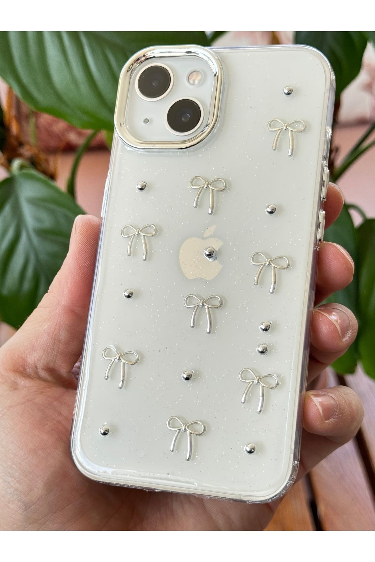 Fibaks Apple Iphone 13 - 14 - 15 Kılıf Fiyonk Desenli Şeffaf Simli Gümüş Kamera Çıkıntılı Parlak Kapak - Görsel 5