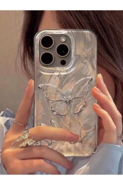 KVK PRİVACY Apple iPhone 16 Pro Max Uyumlu Tüylü Kelebek Hologramlı Kılıf Darbeye Karşı Dayanıklı Kapak