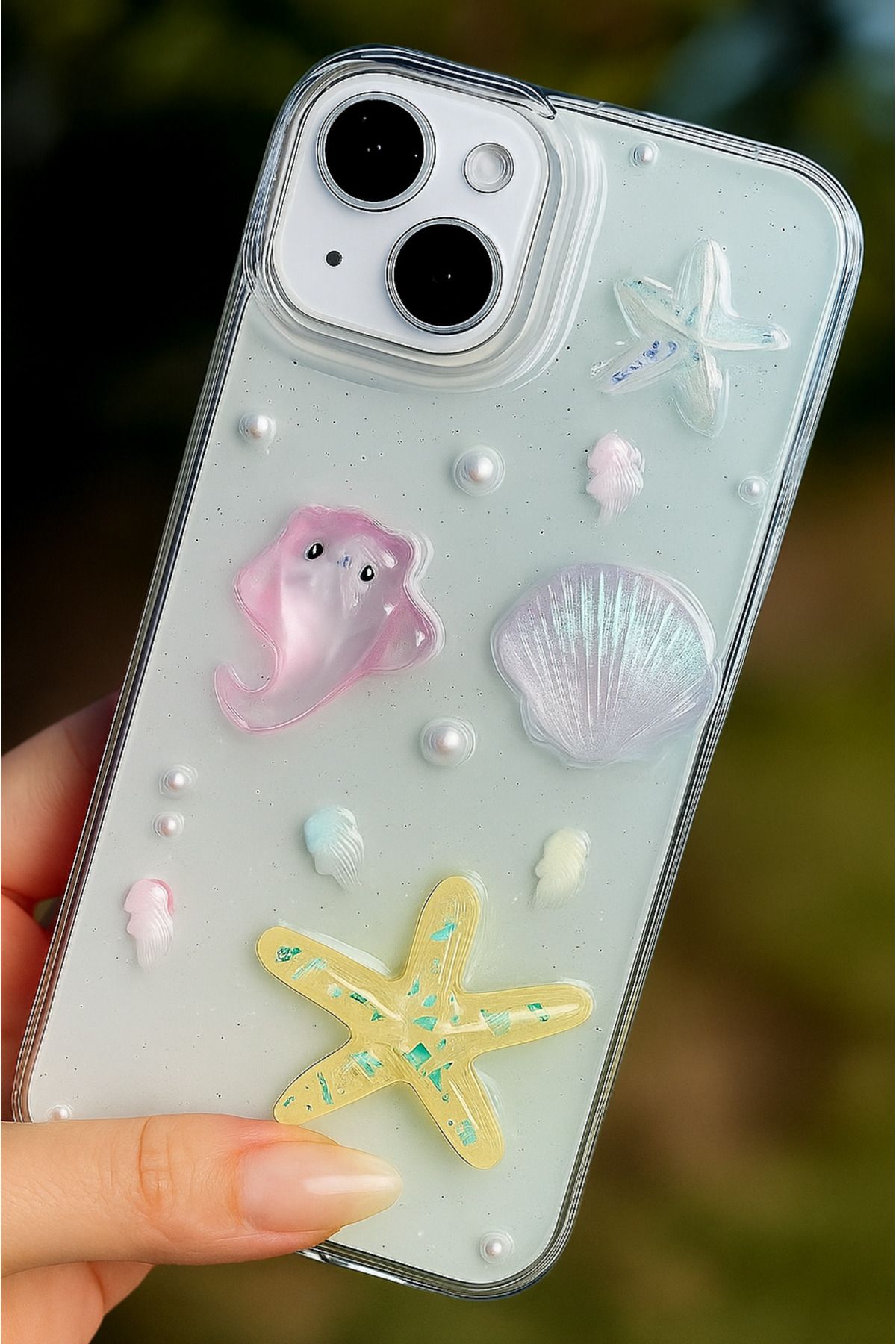 Fibaks Apple iPhone 13 - 14 - 15 Kılıf Şeffaf Simli Deniz Yıldızı Vatoz Deniz Kabuğu Desenli Silikon Kapak