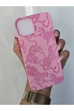 Magic Ring İphone 13 / 14 Uyumlu Yumuşak Kadife Leopar Desenli Kılıf Pembe Telefon Kılıfı