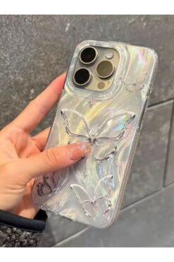 KVK PRİVACY Apple iPhone 14 Pro Max Uyumlu Tüylü Kelebek Hologramlı Kılıf Darbeye Karşı Dayanıklı Kapak