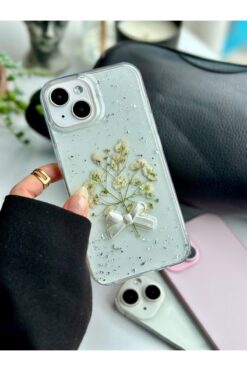 Go Aksesuar Iphone 13 - 14 - 15 Uyumlu Şeffaf Buket Simli Çiçek (Gerçek Çiçek) Epoksili Telefon Kılıfı