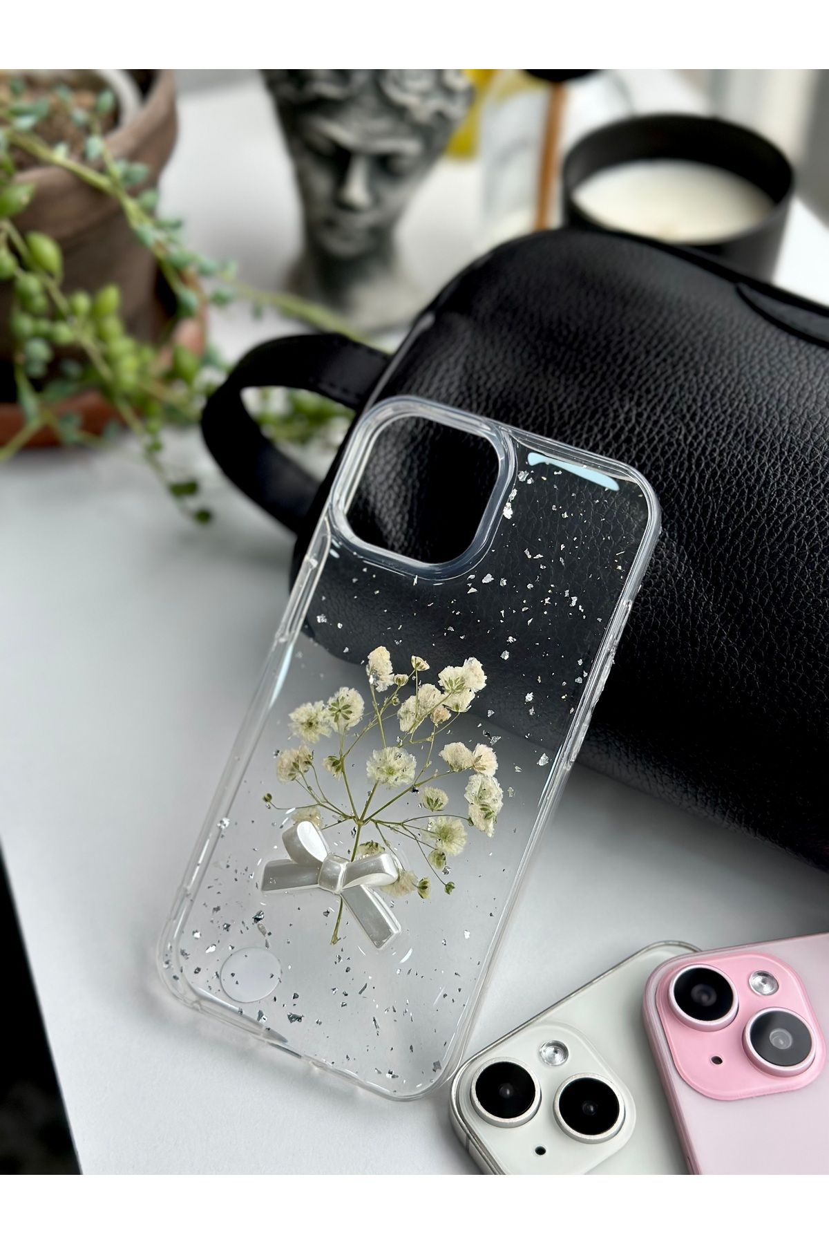 Go Aksesuar Iphone 13 - 14 - 15 Uyumlu Şeffaf Buket Simli Çiçek (Gerçek Çiçek) Epoksili Telefon Kılıfı - Görsel 2