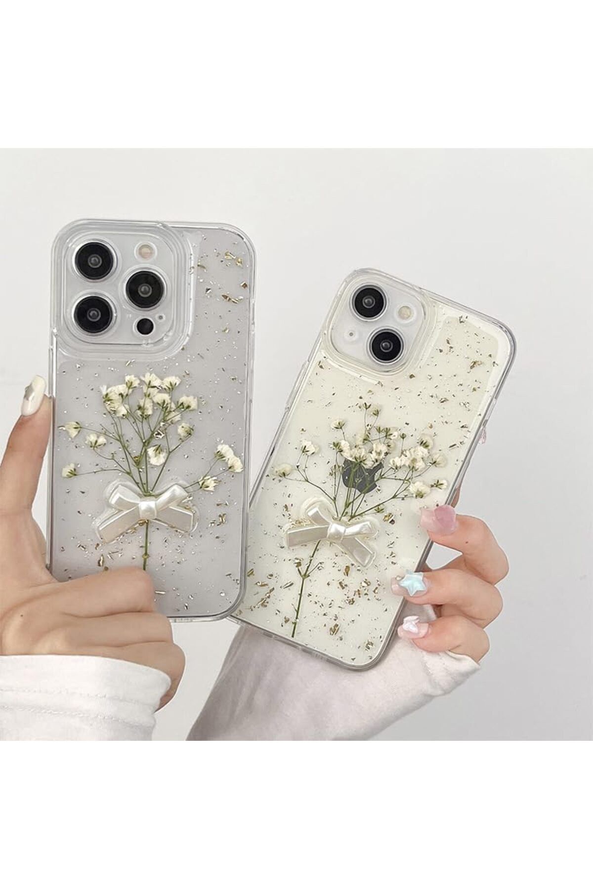 Go Aksesuar Iphone 13 - 14 - 15 Uyumlu Şeffaf Buket Simli Çiçek (Gerçek Çiçek) Epoksili Telefon Kılıfı - Görsel 3