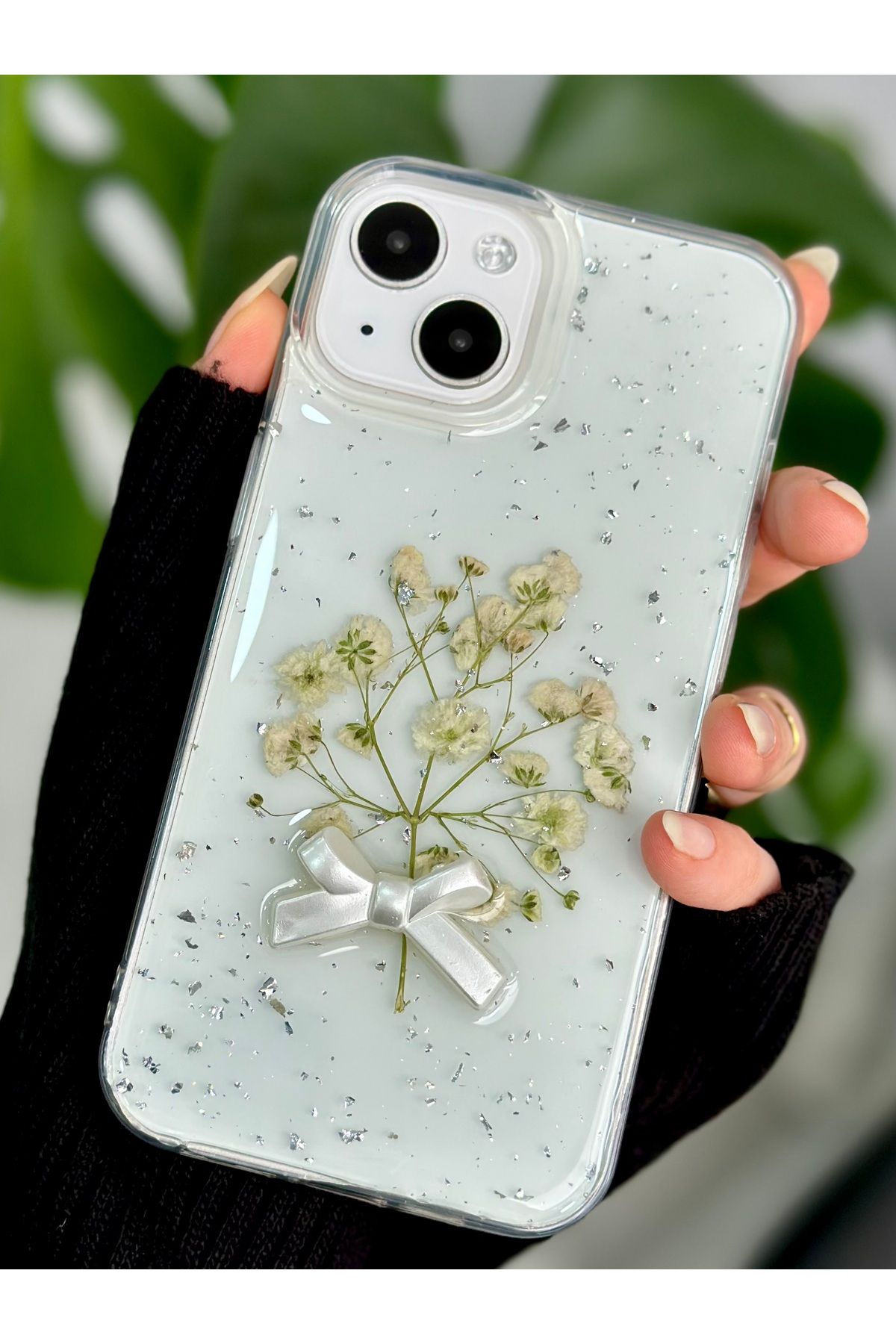 Go Aksesuar Iphone 13 - 14 - 15 Uyumlu Şeffaf Buket Simli Çiçek (Gerçek Çiçek) Epoksili Telefon Kılıfı - Görsel 5