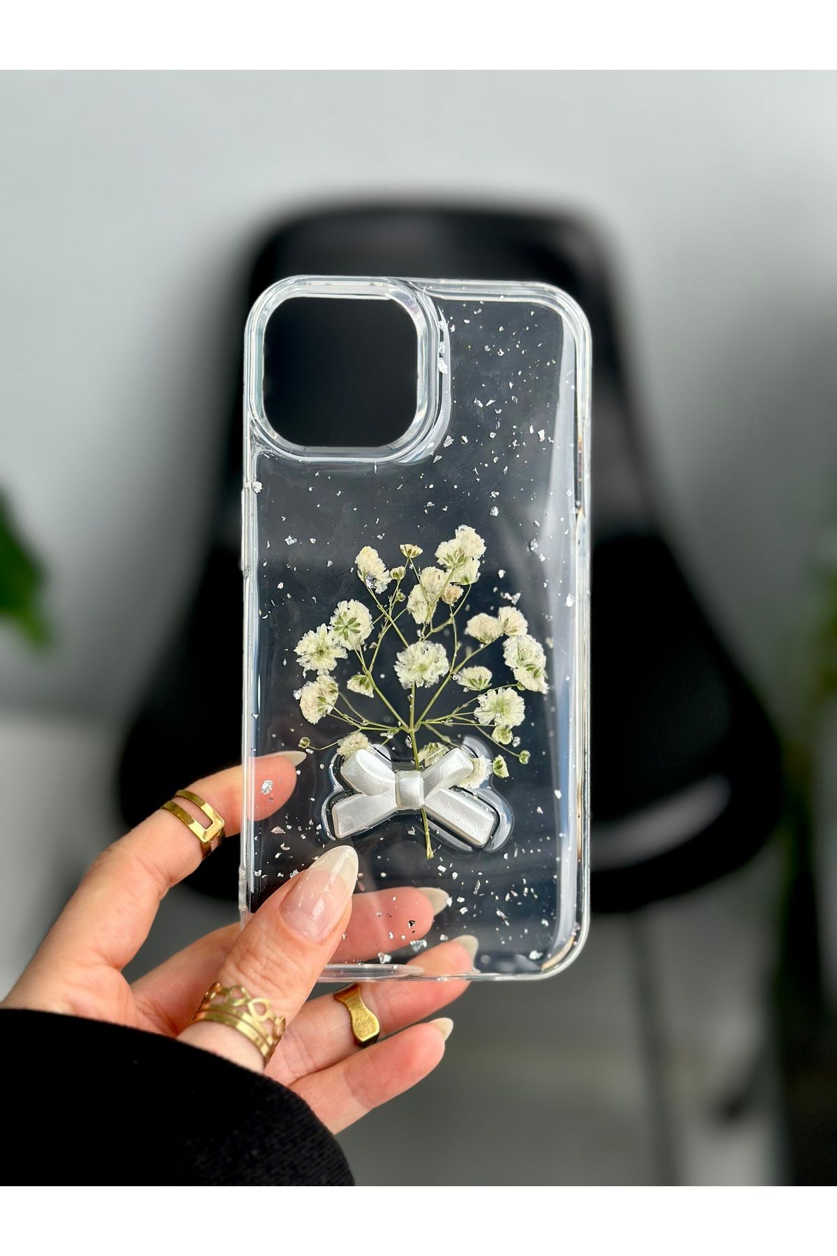 Go Aksesuar Iphone 13 - 14 - 15 Uyumlu Şeffaf Buket Simli Çiçek (Gerçek Çiçek) Epoksili Telefon Kılıfı - Görsel 7