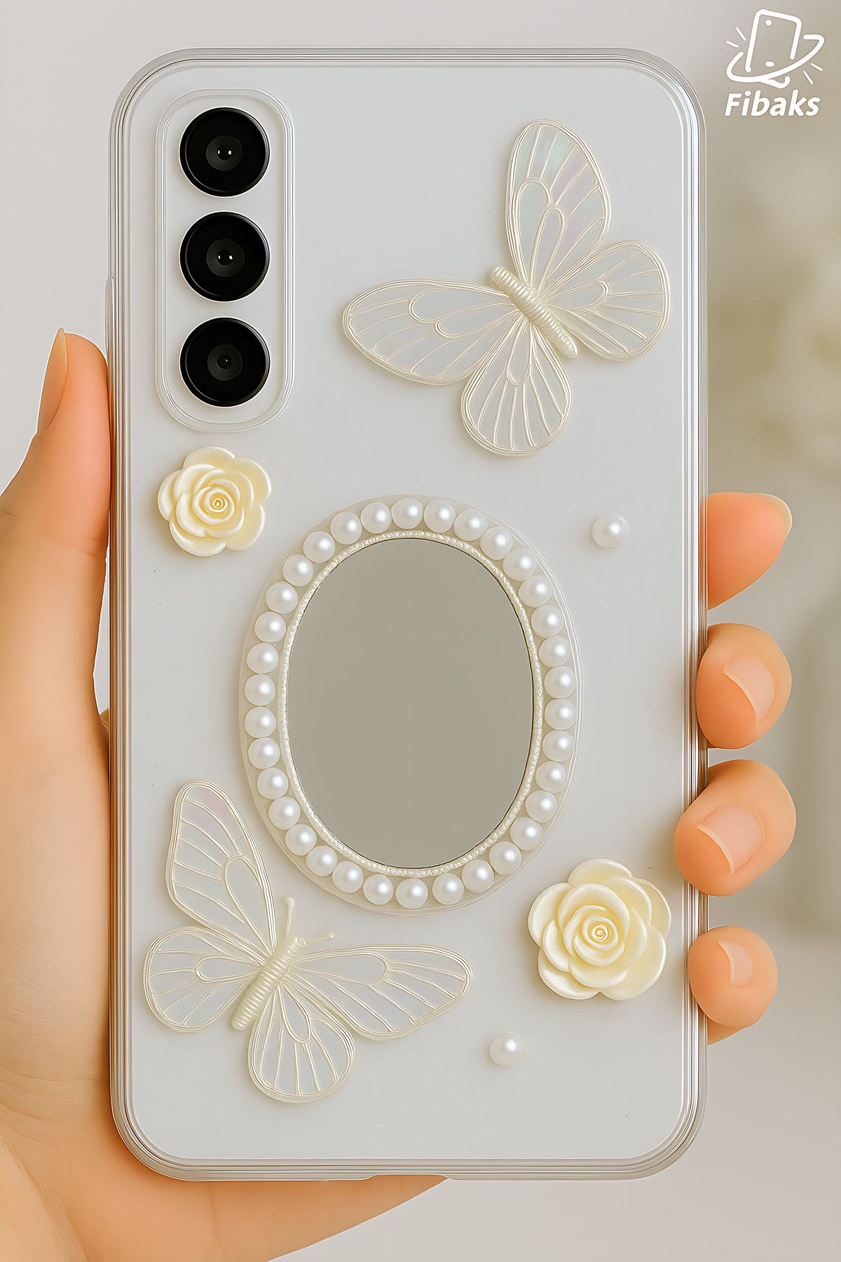 Fibaks Samsung Galaxy A34 Kılıf 3D Kelebek Gül Desenli Aynalı Simli Şeffaf Tasarımlı Silikon Kapak