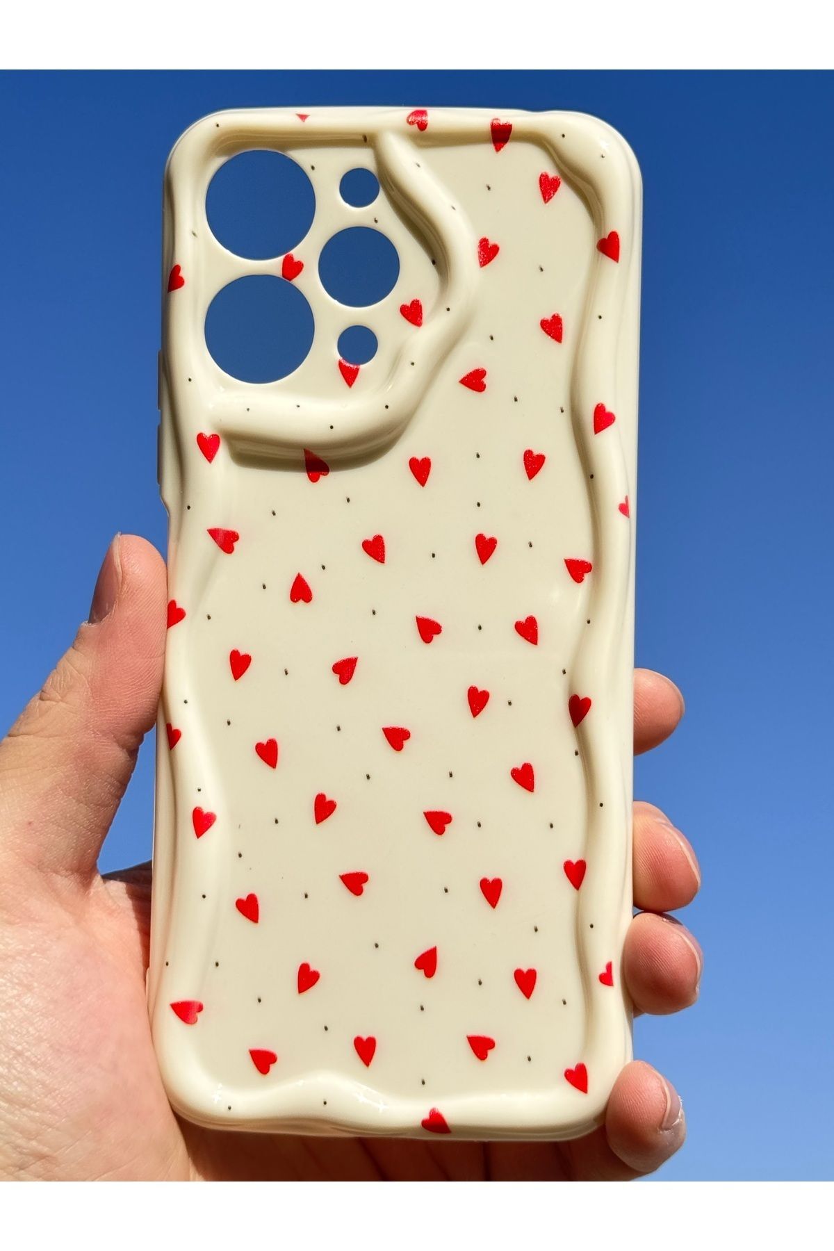 Fibaks Xiaomi Redmi 12 4G Kılıf Kamera Korumalı Dalga Kenarlı Kırmızı Kalp Desenli Silikon Kapak - Görsel 7