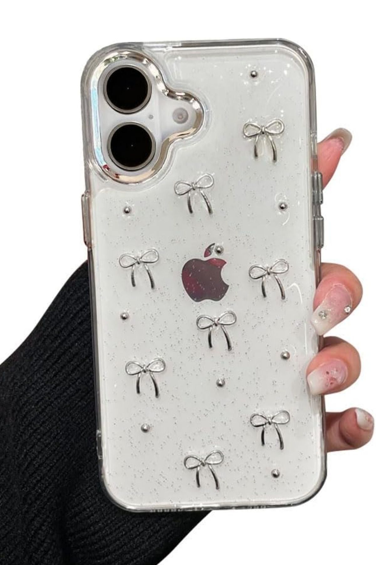 KVK PRİVACY iPhone 16 Uyumlu Fiyonk Desenli Şeffaf Kılıf Simli Darbeye Karşı Dayanıklı Kapak