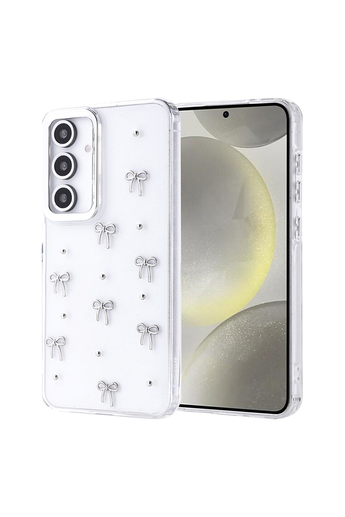 Fibaks Galaxy A24 Uyumlu Kılıf Fiyonk Desenli Şeffaf Simli Gümüş Kamera Çıkıntılı Parlak Kapak - Görsel 3