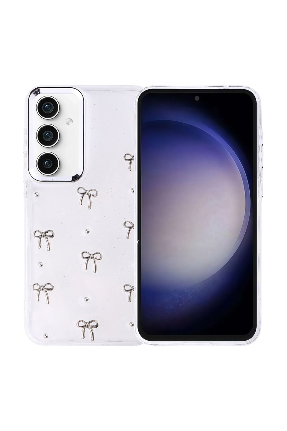 Fibaks Samsung Galaxy A34 Uyumlu Kılıf Fiyonk Desenli Şeffaf Simli Gümüş Kamera Çıkıntılı Parlak Kapak - Görsel 2