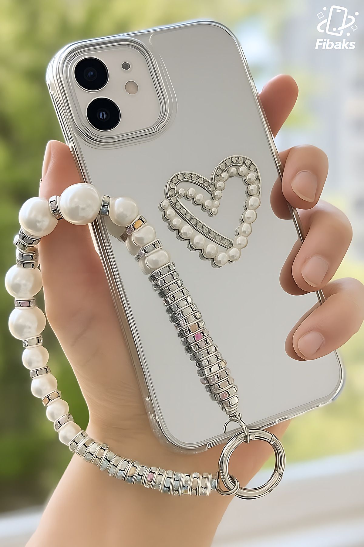 Fibaks Apple iPhone 11 Kılıf Aynalı İnci Charm Askılı Kalp Tasarımlı Desenli Silikon Kapak