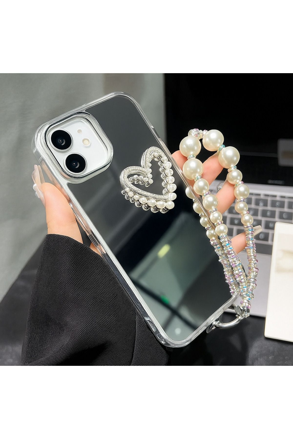 Fibaks Apple iPhone 11 Kılıf Aynalı İnci Charm Askılı Kalp Tasarımlı Desenli Silikon Kapak - Görsel 3