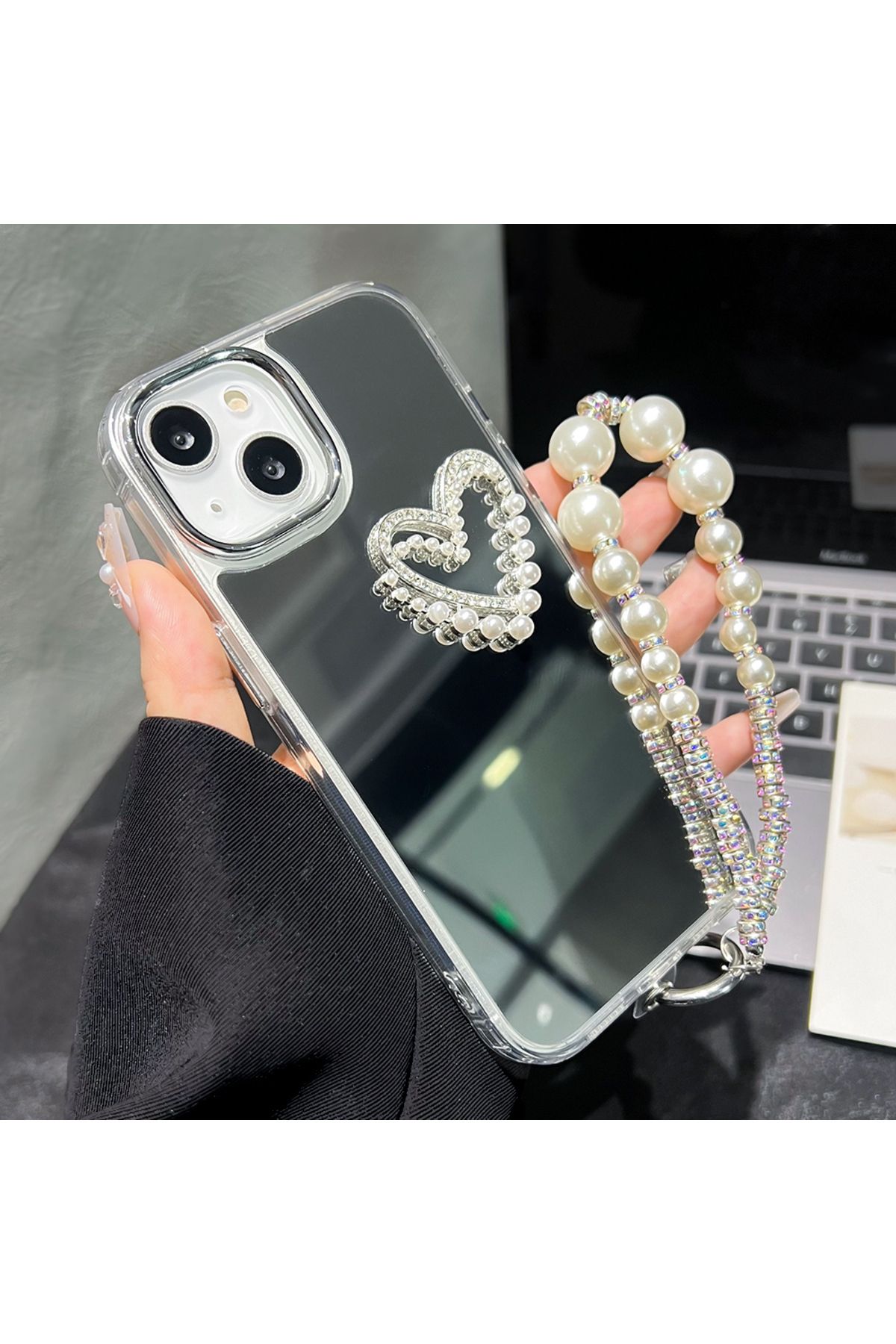 Fibaks Apple iPhone 11 Kılıf Aynalı İnci Charm Askılı Kalp Tasarımlı Desenli Silikon Kapak - Görsel 4