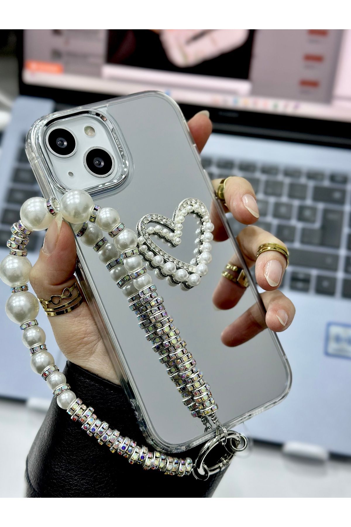 Go Aksesuar Iphone 13 - 14 - 15 Uyumlu Aynalı Charmlı Kalp Model Silikon Kılıf