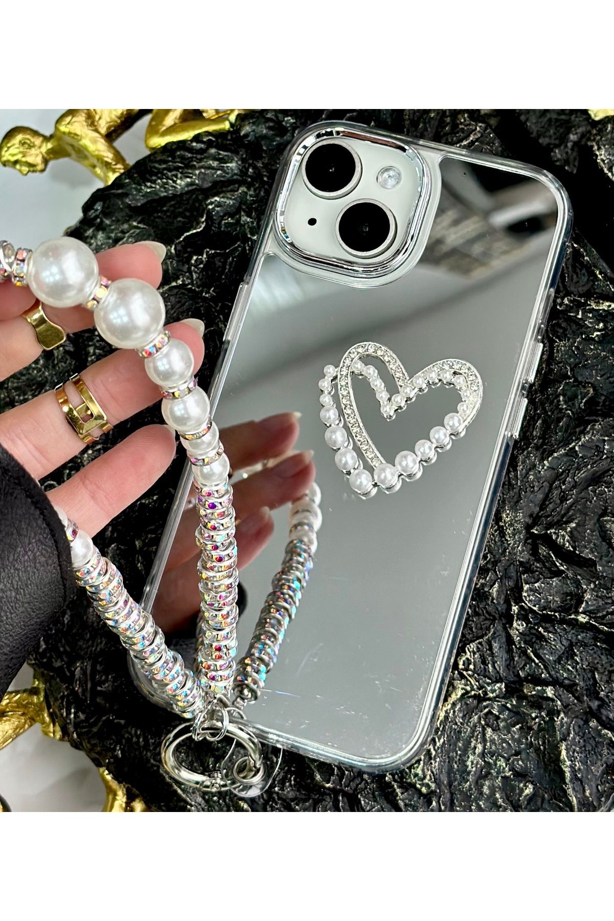 Go Aksesuar Iphone 13 - 14 - 15 Uyumlu Aynalı Charmlı Kalp Model Silikon Kılıf - Görsel 2