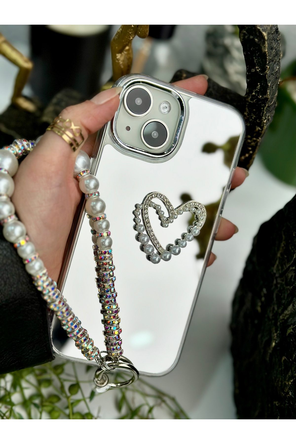 Go Aksesuar Iphone 13 - 14 - 15 Uyumlu Aynalı Charmlı Kalp Model Silikon Kılıf - Görsel 5