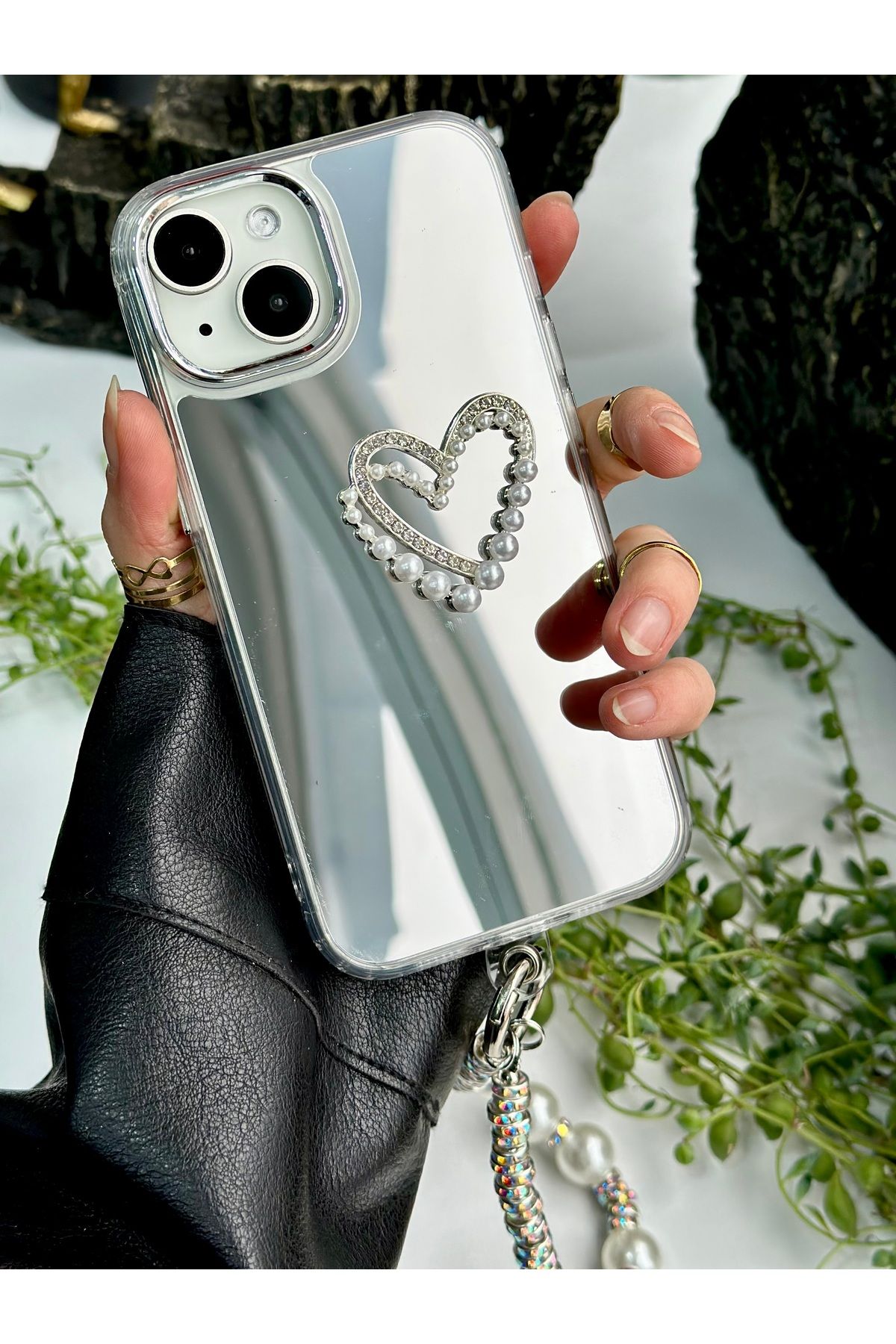 Go Aksesuar Iphone 13 - 14 - 15 Uyumlu Aynalı Charmlı Kalp Model Silikon Kılıf - Görsel 6