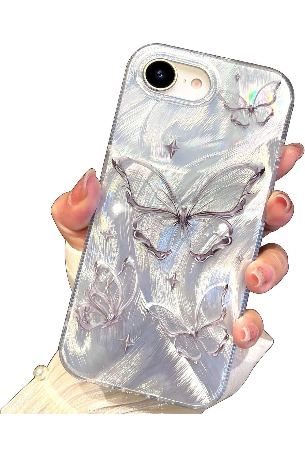 Fibaks Apple iPhone 7/8/SE20 22 Kılıf Parlak Hologramlı Kelebek Desenli Darbe Emici Kamera Korumalı Silikon