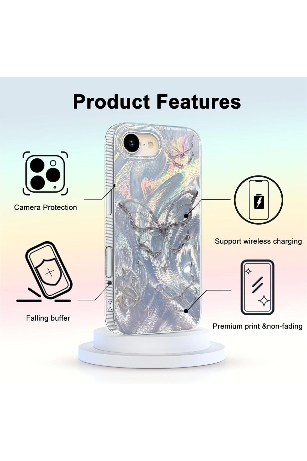 Fibaks Apple iPhone 7/8/SE20 22 Kılıf Parlak Hologramlı Kelebek Desenli Darbe Emici Kamera Korumalı Silikon - Görsel 3