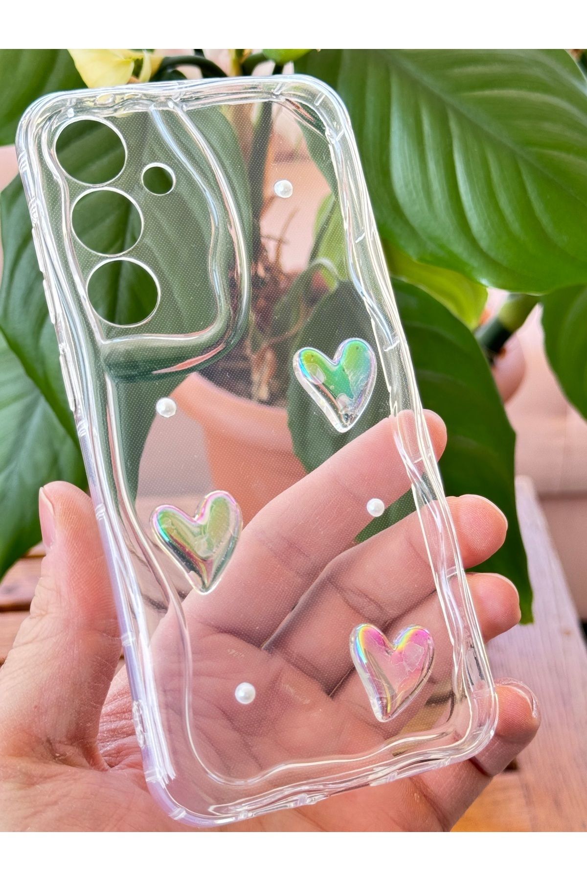 Fibaks Samsung Galaxy A16 Kılıf 3D Kalpli İnci Tasarımlı Desenli Kamera Korumalı Silikon Kapak - Görsel 2