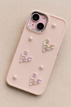 Fibaks Apple Iphone 13 - 14 - 15 Kılıf Kamera Çıkıntılı Fiyonk Inci Desenli Pembe Yumuşak Silikon Kapak