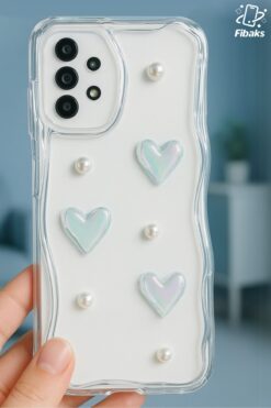 Fibaks Samsung Galaxy A32 Kılıf 3D Kalpli İnci Tasarımlı Desenli Kamera Korumalı Şeffaf Silikon Kapak