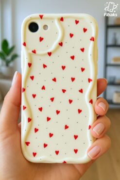 Fibaks iPhone 7/8/Se 2020 2022 Kılıf Kamera Korumalı Dalga Kenarlı Kırmızı Kalp Desenli Silikon Kapak