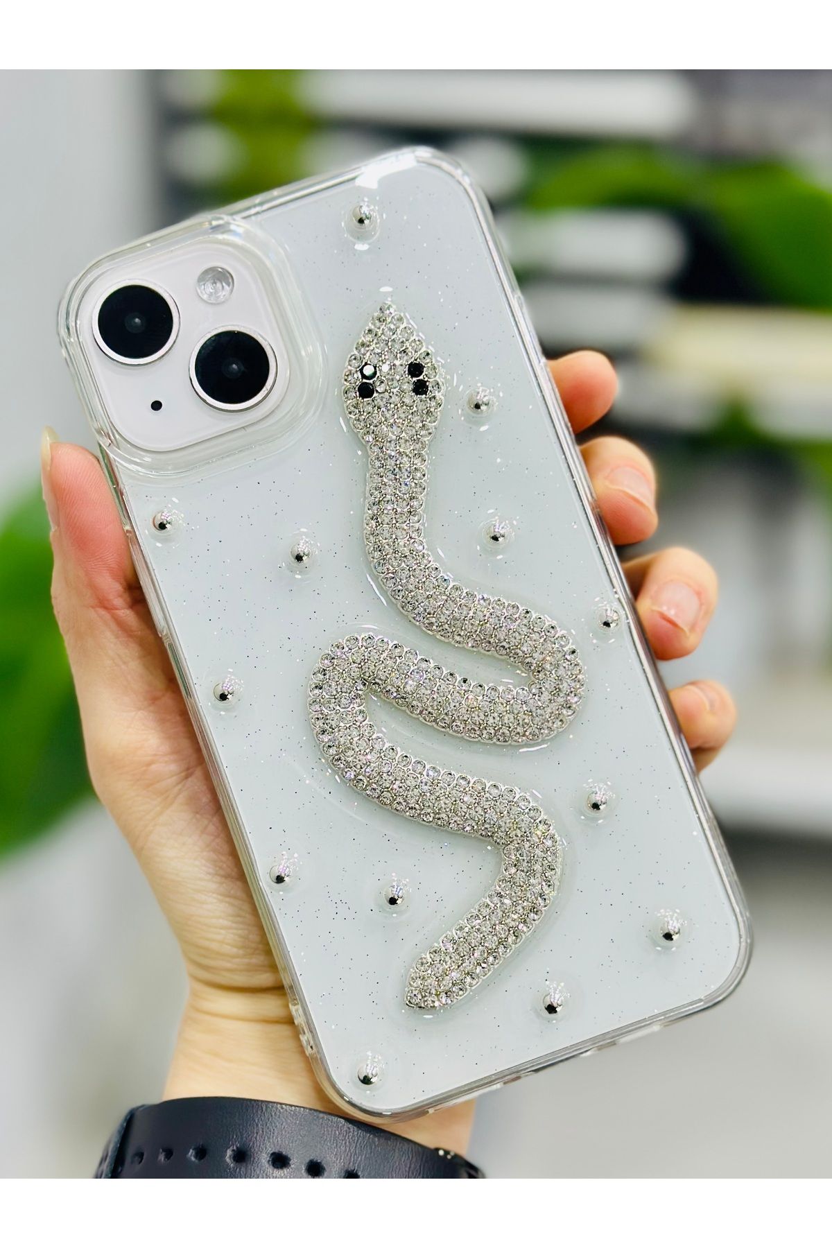 Go Aksesuar Iphone 13 - 14 ve 15 Uyumlu TAŞLI YILAN Oyuncak Tasarımlı Esnek Silikon Kılıfı - Görsel 2