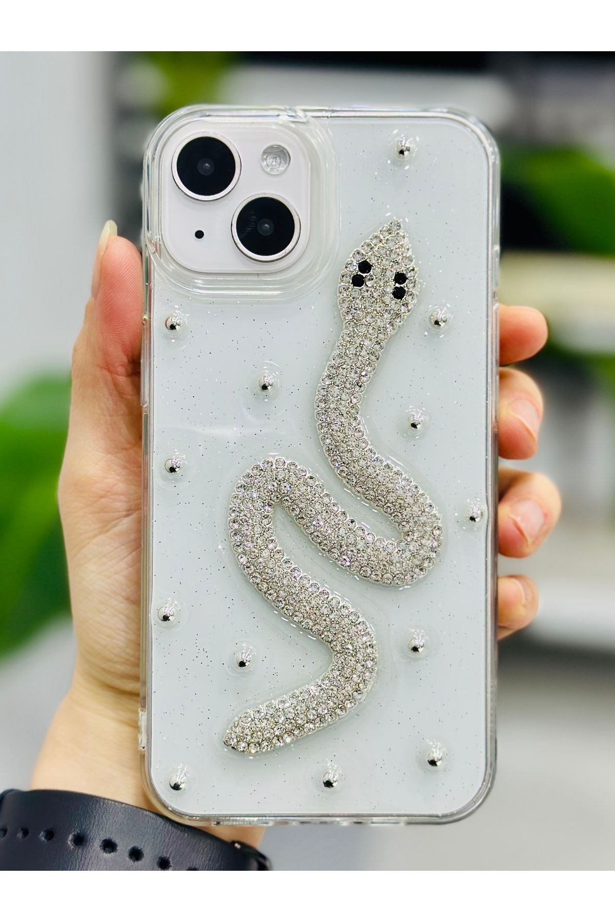 Go Aksesuar Iphone 13 - 14 ve 15 Uyumlu TAŞLI YILAN Oyuncak Tasarımlı Esnek Silikon Kılıfı - Görsel 3