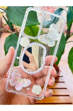 Fibaks Redmi Note 11 Pro&12 Pro 4G Kılıf 3D Kelebek Gül Desenli Aynalı Simli Şeffaf Tasarımlı Silikon Kapak