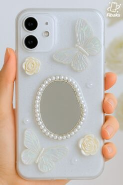 Fibaks Samsung Galaxy A06 Kılıf 3D Kelebek Gül Desenli Aynalı Simli Şeffaf Tasarımlı Silikon Kapak
