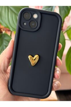 Fibaks Apple iPhone 13 Kılıf 3D Kalp Tasarımlı Siyah Desenli Yumuşak Kamera Korumalı Silikon Kapak