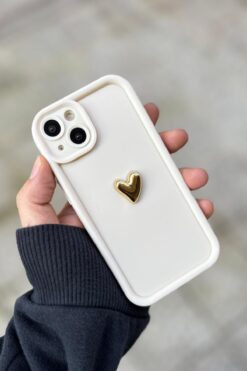 KVK PRİVACY Iphone 13-14 Uyumlu Kılıf 3D Gold Kalp Darbelere Dayanıklı Yumuşak Kamera Korumalı Kapak Beyaz