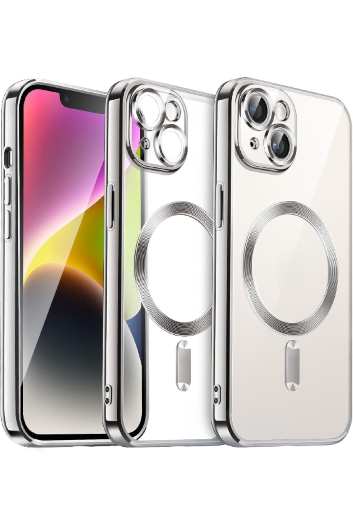 Fibaks Apple Iphone 13 - 14 Kılıf Kamera Lens Korumalı Magsafe Şarj Kilifi Şeffaf Renkli Yumuşak Kapak - Görsel 4