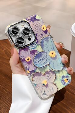 Fibaks İphone 16 Pro Max Kılıf Renk Değiştiren Taşlı Kamera Lens Korumalı Mavi Çiçek Desenli Darbe Emici