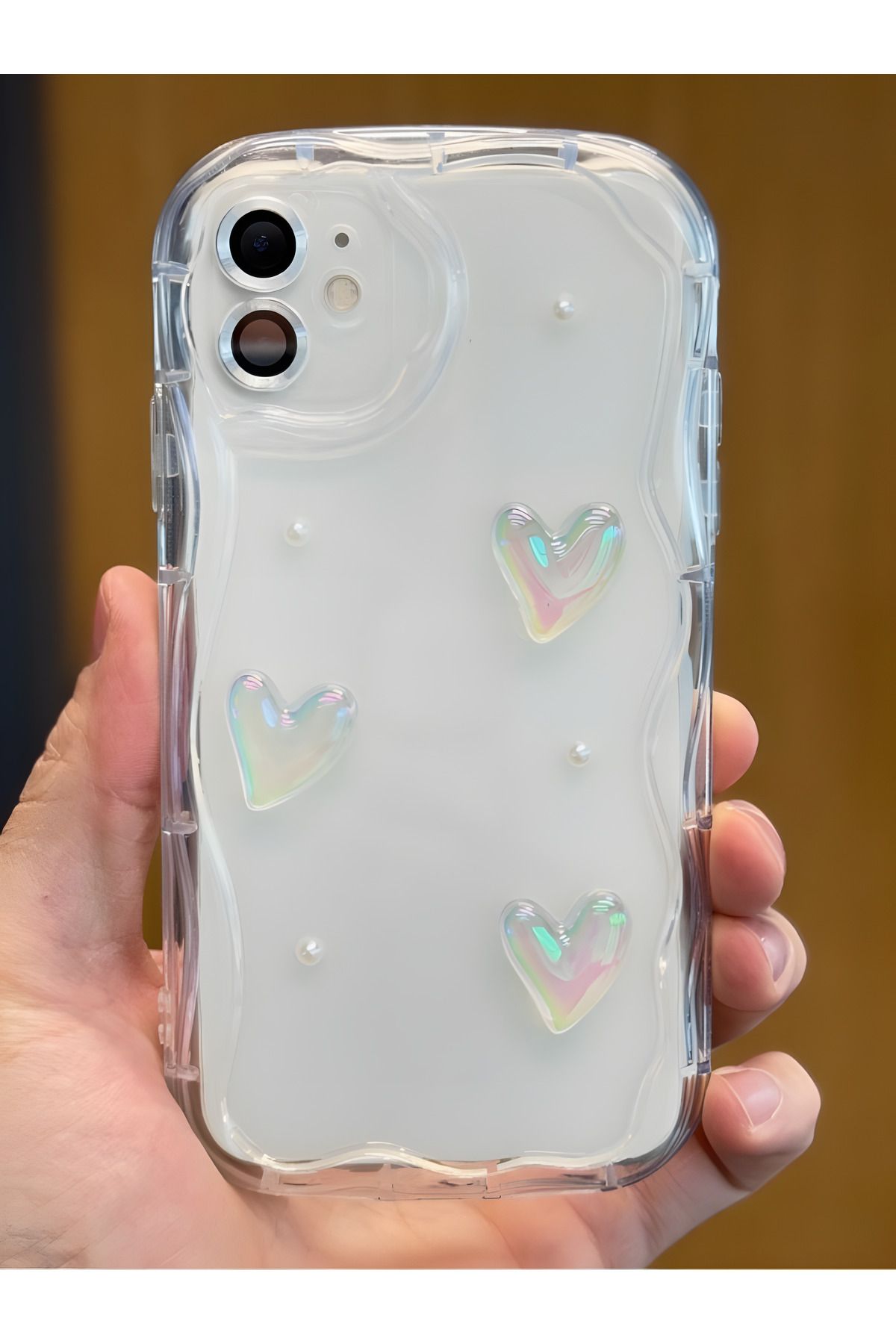 Fibaks Apple Iphone 11 Kılıf 3d Kalpli Ve Inci Tasarımlı Desenli Kamera Korumalı Şeffaf Silikon Kapak - Görsel 5