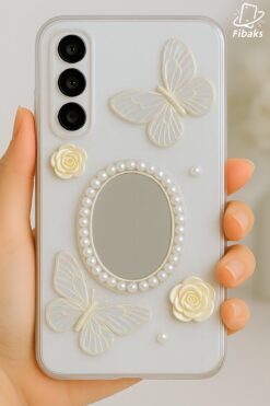 Fibaks Samsung Galaxy A56 Kılıf 3D Kelebek Gül Desenli Aynalı Simli Şeffaf Tasarımlı Silikon Kapak