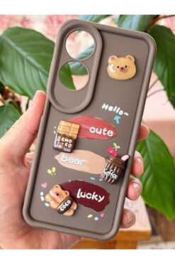 Fibaks Oppo A60 Kılıf Ayıcık Kahve Tasarımlı Desenli Kamera Korumalı Yumuşak Silikon Kapak