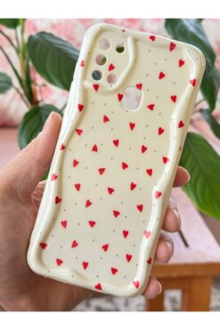 Fibaks Samsung Galaxy A21S Kılıf Kamera Korumalı Dalga Kenarlı Kırmızı Kalp Desenli Silikon Kapak