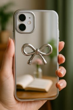 Fibaks İphone 11 Uyumlu Kılıf Aynalı Gümüş 3d Fiyonk Desenli Darbe Emici Silikon Kapak