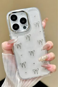 Fibaks Apple Iphone 15 Pro Kılıf Fiyonk Desenli Şeffaf Simli Gümüş Kamera Çıkıntılı Parlak Kapak