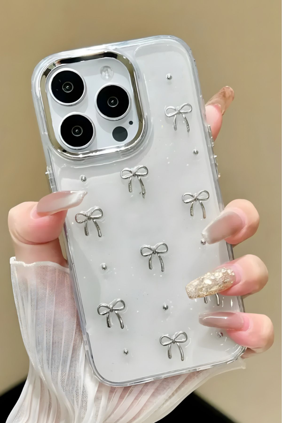 Fibaks Apple Iphone 15 Pro Kılıf Fiyonk Desenli Şeffaf Simli Gümüş Kamera Çıkıntılı Parlak Kapak