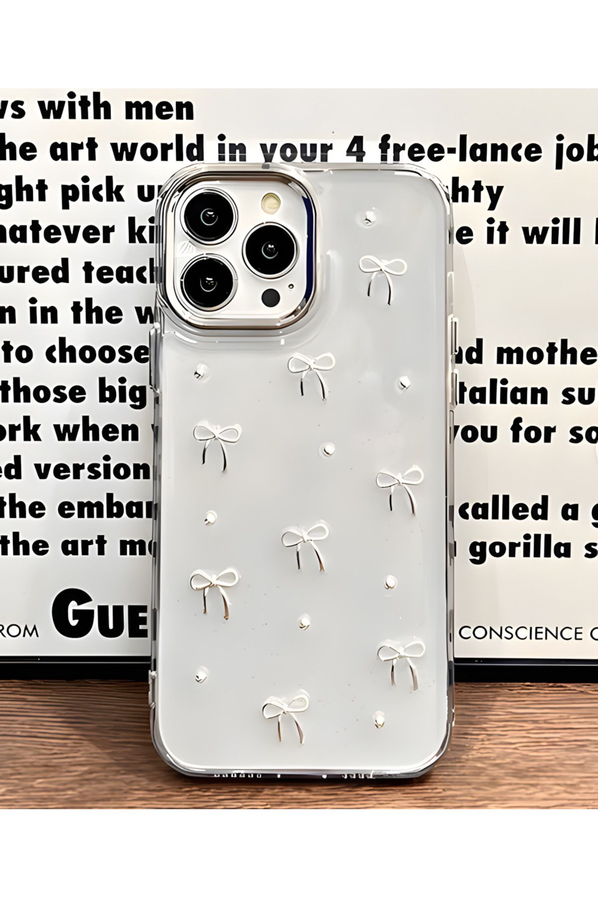 Fibaks Apple Iphone 15 Pro Kılıf Fiyonk Desenli Şeffaf Simli Gümüş Kamera Çıkıntılı Parlak Kapak - Görsel 6