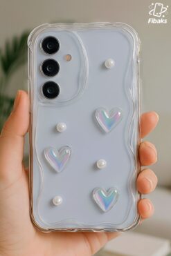 Fibaks Samsung Galaxy S21 FE Kılıf 3D Kalpli İnci Tasarımlı Desenli Kamera Korumalı Şeffaf Silikon Kapak