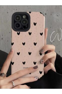 KVK PRİVACY iPhone 14 Pro Max Kılıf Siyah Kalp Desenli Kamera Korumalı Estetik Zarif Yumuşak Silikon Kapak