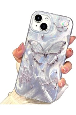 KVK PRİVACY Apple Iphone 15 Plus /14 Plus Uyumlu Tüylü Kelebek Hologramlı Kılıf Darbeye Karşı Dayanıklı Kapak