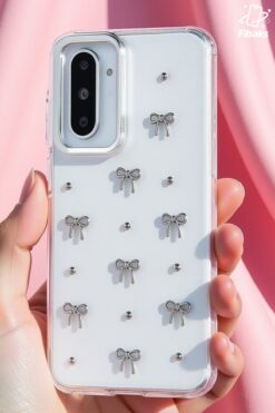 Fibaks Galaxy A26 uyumlu Kılıf Fiyonk Desenli Şeffaf Simli Gümüş Kamera Çıkıntılı Parlak Kapak