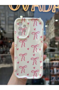 OVADA Samsung Galaxy A32 Uyumlu Kurdele Ve Kalp Desenli 3D Dalga Kenarlı Kamera Korumalı Kılıf